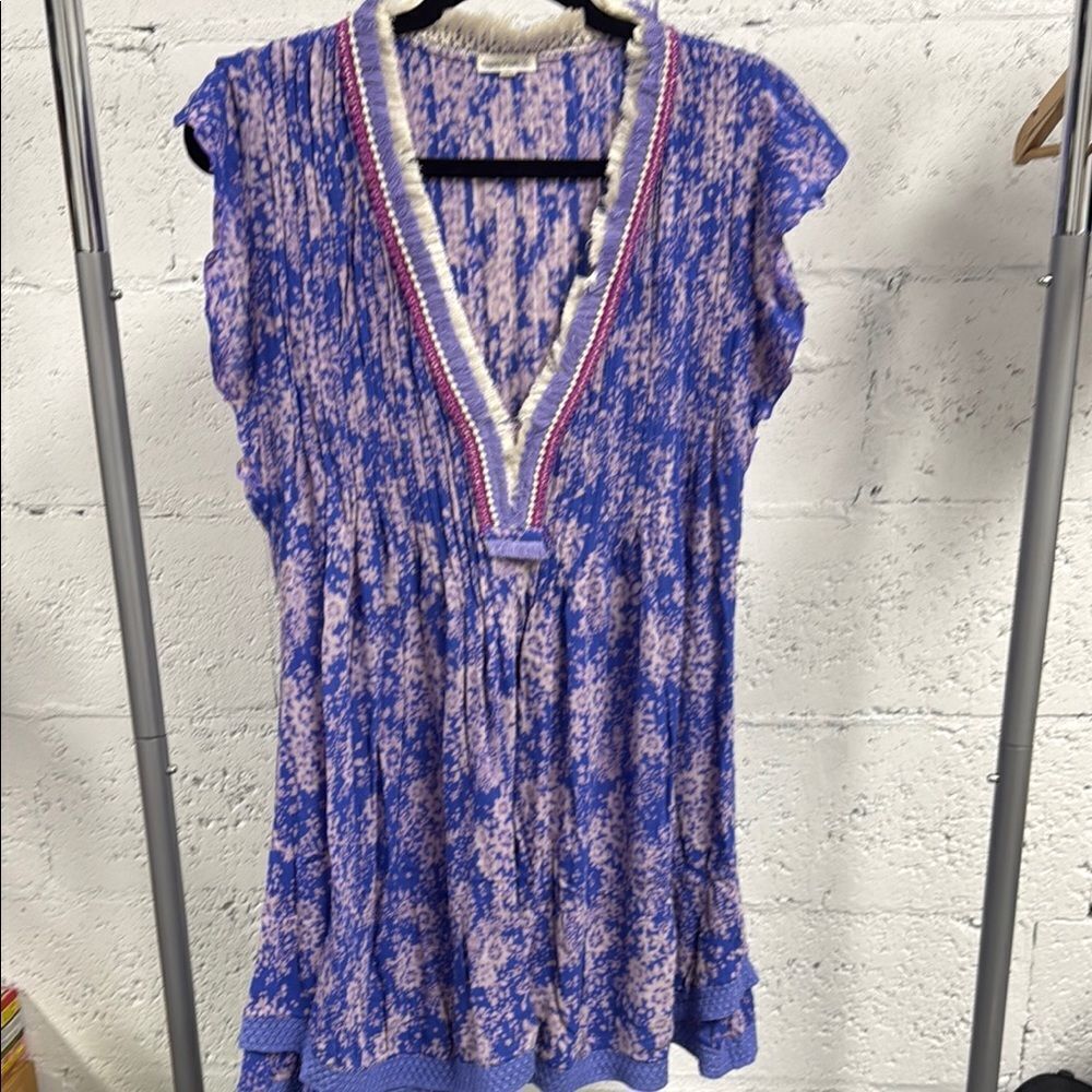 Poupette St. Barth Purple and Blue Flutter Sleeve Babydoll Dress - Size XS